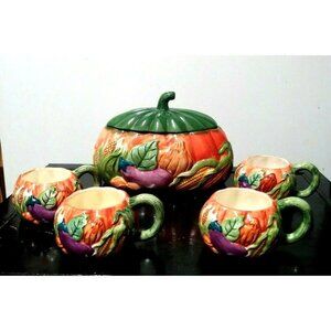 NWOB Pumpkin Soup Tureen Oval + Bowls SET OF 6 Thanksgiving Harvest Halloween EC